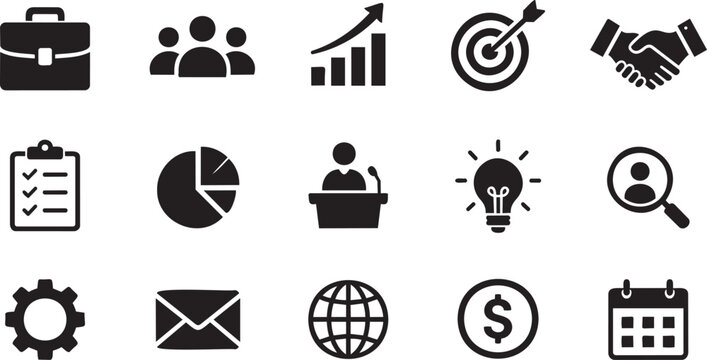 Business Management Icon Set with Briefcase, Analytics, Target and Handshake