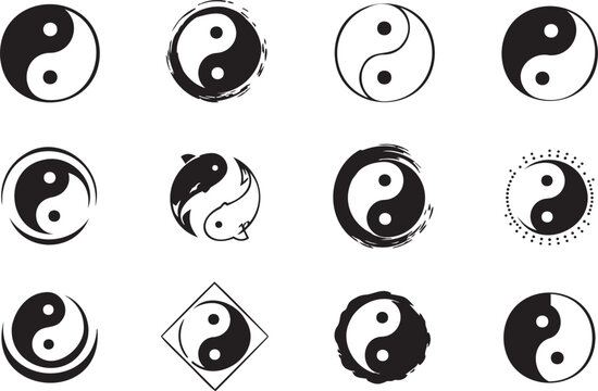 Yin Yang Icon Set with Balance, Harmony and Chinese Philosophy Symbols
