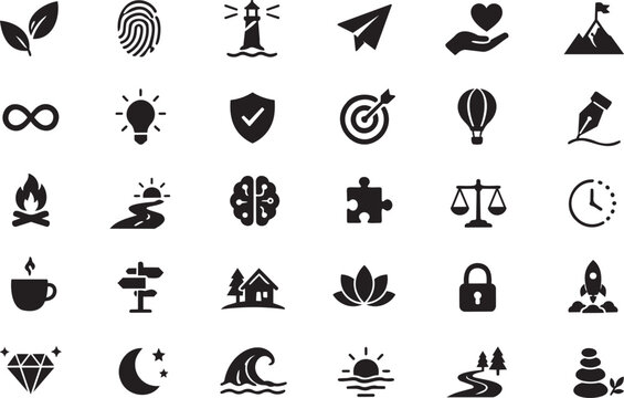 Wellness Nature Icon Set with Leaf, Balance, Yoga and Meditation Symbols
