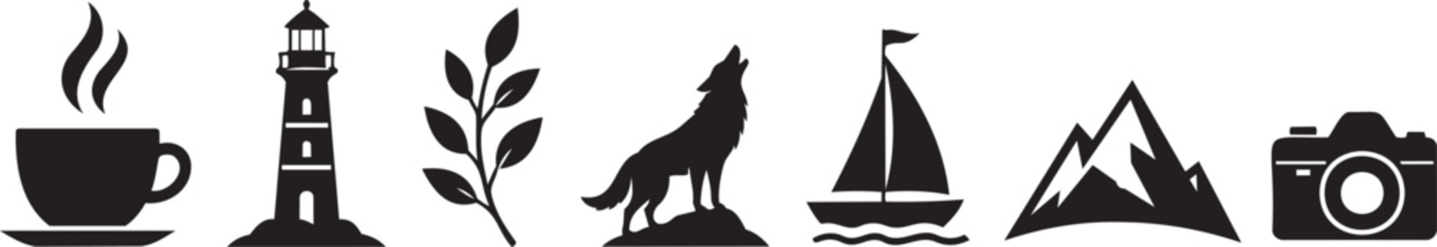 Travel Lifestyle Icon Set with Coffee, Lighthouse, Sailboat and Mountain