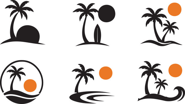 Palm Tree Logo Icon Set with Tropical Beach and Sunset Silhouette Design