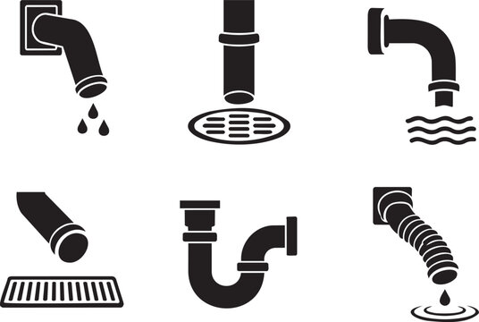 Plumbing Icon Set with Water Pipe, Faucet, Drain and Leak Repair Symbols