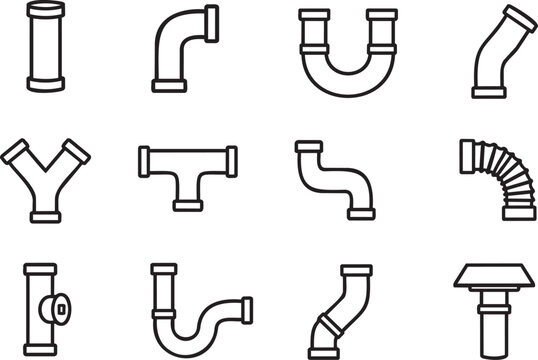 Pipe Fitting Icon Set with Plumbing Connector, Elbow and Pipeline Symbols