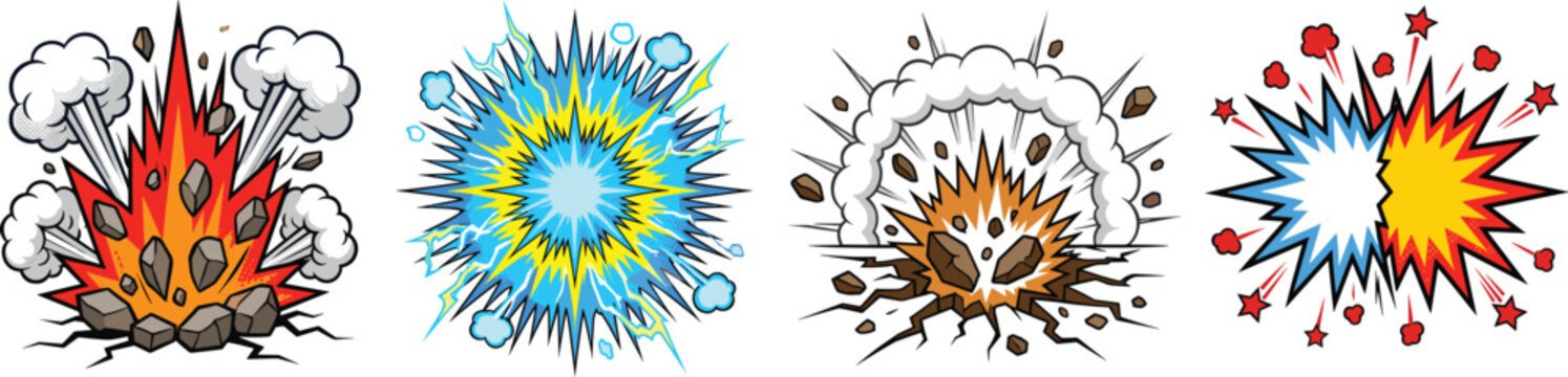Comic Explosion Effect Collection Featuring Dynamic Blast Impact Bursts Smoke and Energy Shockwaves