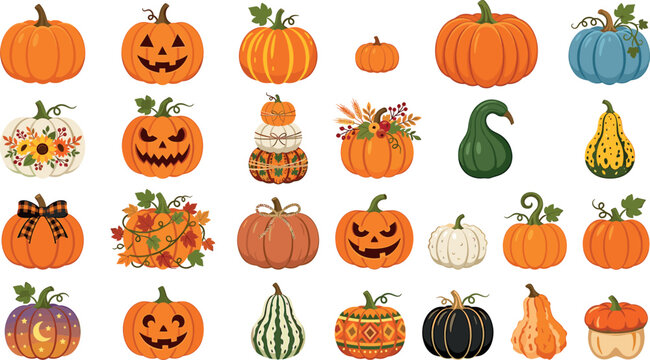 Autumn pumpkin and Halloween jack o lantern vector collection set featuring spooky carved faces floral decorations and decorative winter gourds