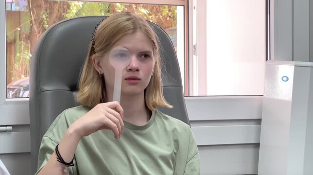 Young girl holding a trial lens handle during an eye examination at a clinic. optometry checkup, pediatric vision testing, medical office scene.