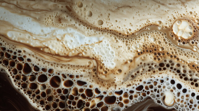 Abstract close-up of frothy coffee with swirling patterns and bubbles.