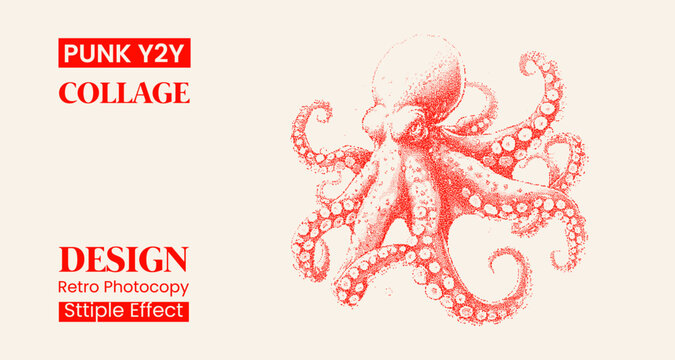 Stipple effect octopus illustration in red ink on a vintage cream background, retro punk y2k collage style graphic design element