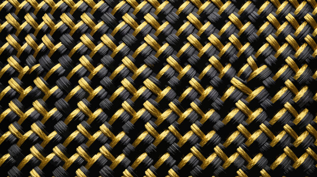Close-up of a woven fabric texture with gold and black threads.