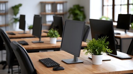 Fototapeta premium Modern office workspace featuring wooden desks black computer monitors keyboards and small potted plants for a clean professional environment