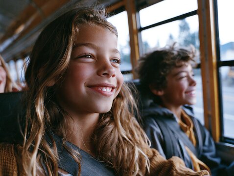 Two Happy Children Smiling in a School Bus