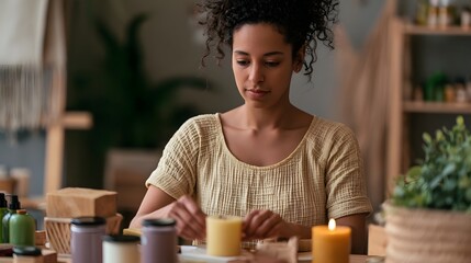 Fototapeta premium A woman carefully arranging candles and natural products on a wooden table in a cozy indoor setting