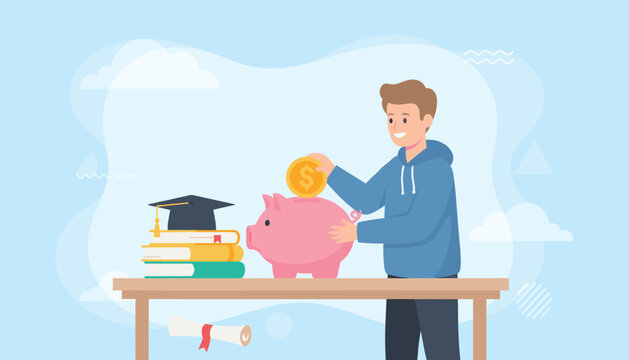 Student saving money in a piggy bank next to a graduation cap and books to pay for university education.