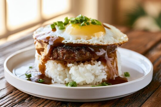 Homemade Loco Moco on a White Plate with Rice, Beef Patty, Egg and Gravy