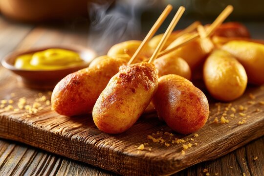 Homemade mini corn dogs on a wooden plank, warm tones, close-up with textured batter