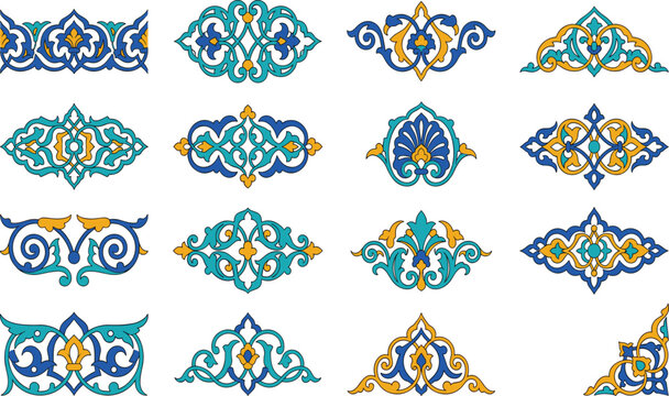 Arabesque vector design element set representing traditional Islamic floral ornaments and oriental border vignettes