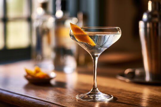 Homemade Vesper Martini on a Wooden Home Bar with Orange Twist Garnish