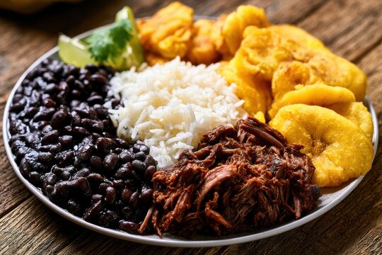 Homemade Venezuelan Pabell&Atilde;&sup3;n Criollo served on a rustic plate with rice, beans, plantains, and shredded beef