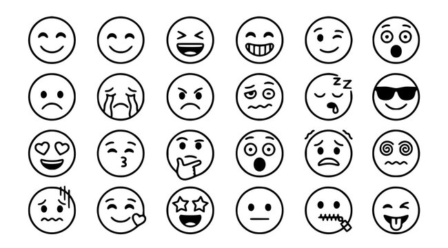 Cartoon emoticon and emoji icon set with expressive smiley faces editable black thin line vector collection