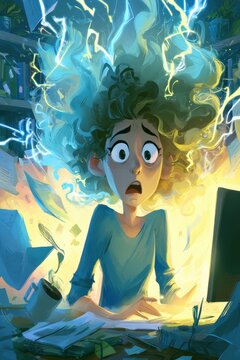 Humorous Illustration: Frazzled Woman with Electrified Hair at a Cluttered Home Office
