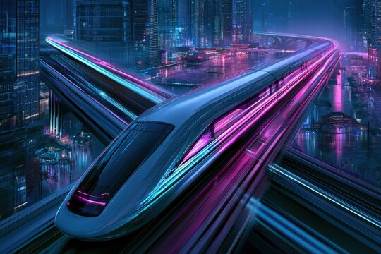 Hyperspeed train streaking through a neon-lit futuristic cityscape at night