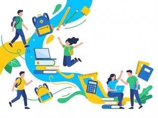 Obraz premium Modern Back to School Concept with Faceless Students, Books, Backpacks, and Educational Supplies Illustration