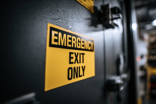 Industrial doorway warning sign: high-contrast yellow label on black metal