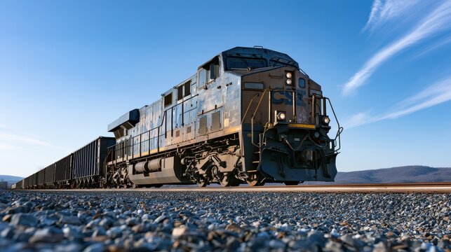 Industrial freight train rolling along steel rails through a rural American landscape