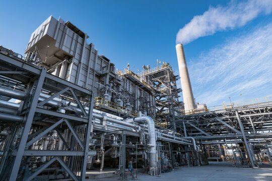 Industrial power plant with heat recovery steam generator and tall exhaust stack under a clear sky