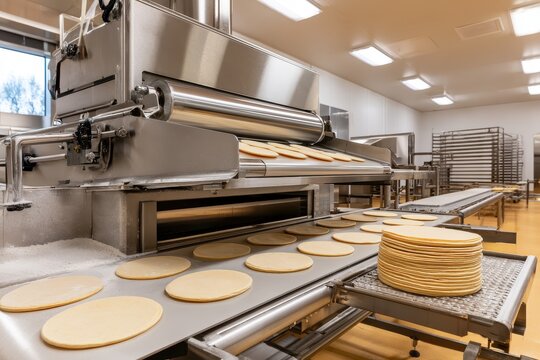 Industrial tortilla maker in operation with conveyor belt and stacked tortillas