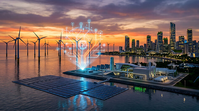 Renewable energy complex with wind turbines and solar panels powering a modern cityscape during sunset