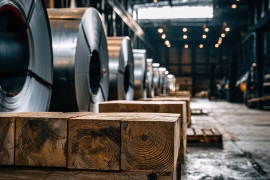 Industrial scene with wooden dunnage separating steel coils in a warehouse