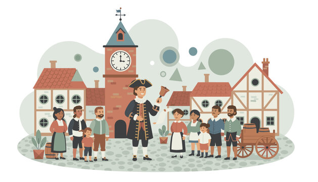Historical town crier with a bell announcing news to villagers in a vintage town square with medieval architecture.