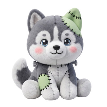 Cute 3D illustration of a baby husky dog with green Frankenstein patches and neck bolts, isolated on transparent background