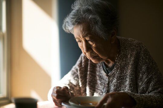 Intimate documentary-style scene of a senior patient with swallowing discomfort and eating less