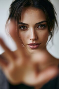 Intimate close-up of a smiling woman extending a hand toward the lens with natural lighting