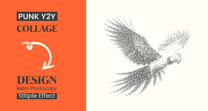 Stipple effect illustration of a flying parrot, dotwork bird design, retro photocopy style graphic, punk y2k aesthetic, artistic pointillism bird silhouette