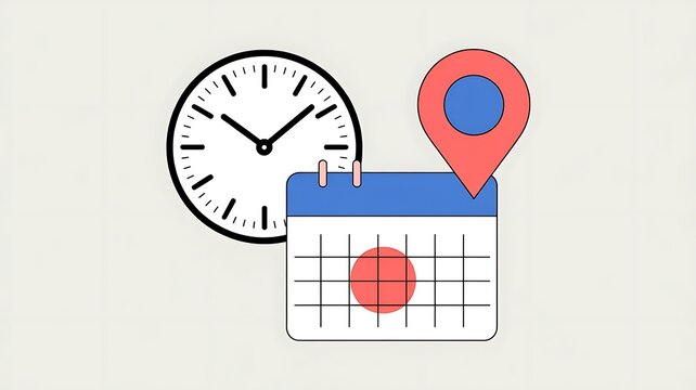 Time, date and address icon set vector. Clock, calendar, location pin marker signs, flat simple business meeting schedule or event calendar reminder symbol, booking design concept. PNG illustration. 