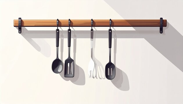 Wooden kitchen utensil rack with hanging cooking tools.