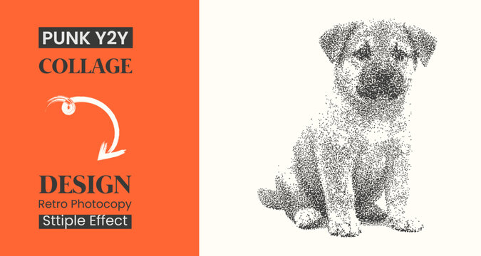 Stipple effect illustration of a cute puppy, dotwork art style portrait of a sitting dog, vintage photocopy aesthetic, retro punk y2k graphic design element