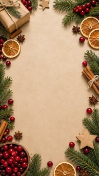 Rustic christmas frame with natural holiday decorations