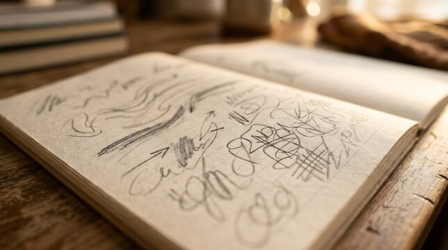 Sketchbook page with pencil doodles on a wooden table