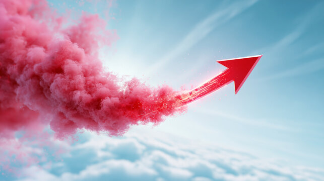 A red arrow made of smoke rises sharply into a bright blue sky, symbolizing growth, progress, and upward momentum.