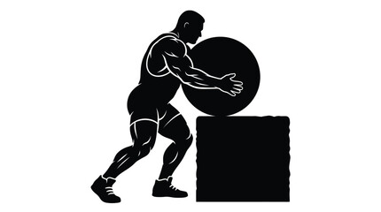 Fototapeta premium Muscular athlete pushing a heavy stone sphere in this minimalist black and white vector graphic illustration