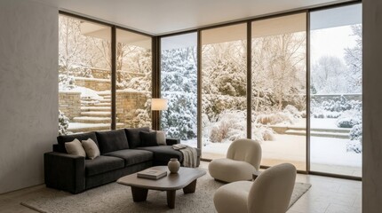 Fototapeta premium Modern living room with large windows and winter garden. Bright, cozy space for relaxation and socializing.