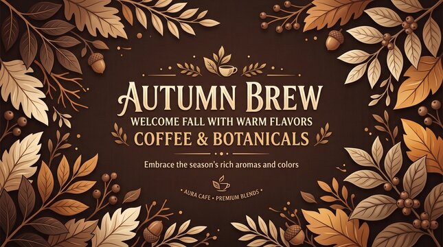 Autumn Brew coffee and botanicals banner with fall leaves, rustic seasonal cafe signage with warm flavors and rich aromas, elegant brown and gold botanical border for autumn coffee shop menu