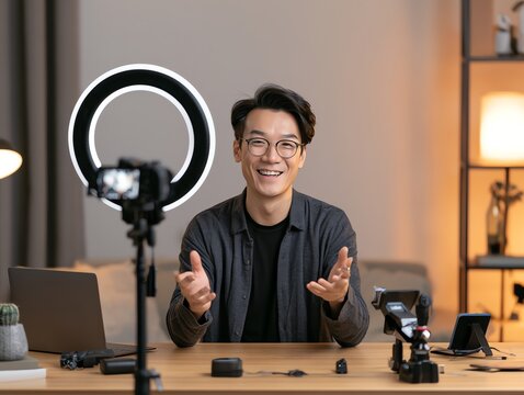 Young Man Filming a Video with a Ring Light and Camera