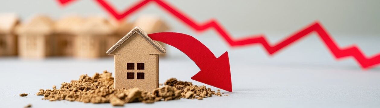 Small wooden house model with red falling price arrow and market crash chart trend