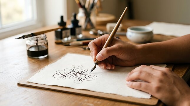 Person practicing artistic calligraphy with ink on handmade paper