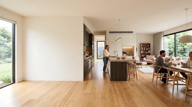 Family relaxing in a bright modern open plan home